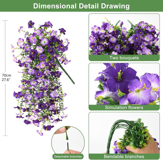Artificial Fake Hanging Flowers Plants for Outdoor Spring Decoration,2 PCS Faux Silk Morning Glory with V1102-COLORDUALPURPLE