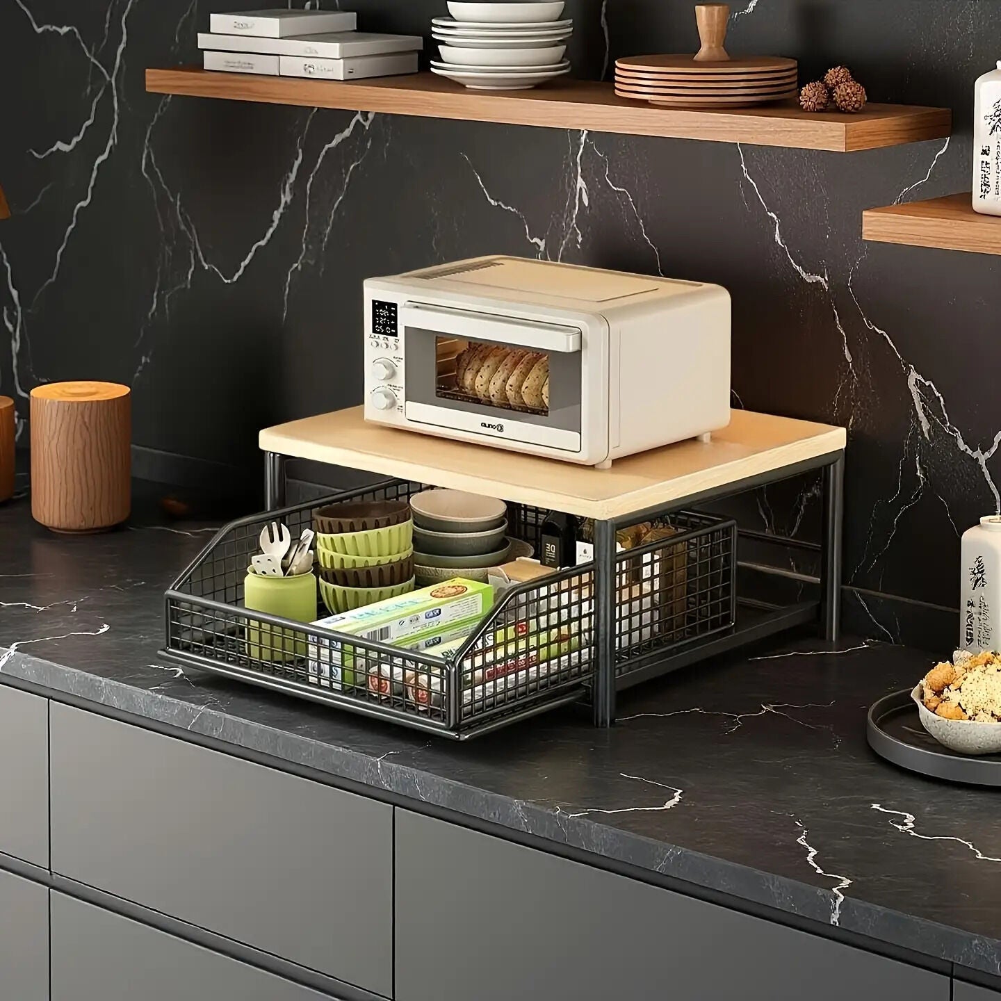 Modern Kitchen Microwave Shelf with Drawer: Sturdy and solid structure, designed to save counter space for V1102-CTSZWJ001