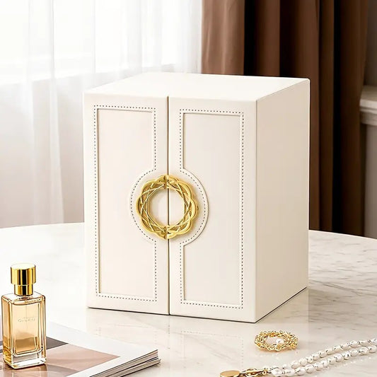 White 1 Large Faux Leather Jewelry Storage Box with 5 Drawers and Gold Handles - An elegant rectangular V1102-FPGSSSNH001