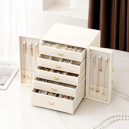 White 1 Large Faux Leather Jewelry Storage Box with 5 Drawers and Gold Handles - An elegant rectangular V1102-FPGSSSNH001