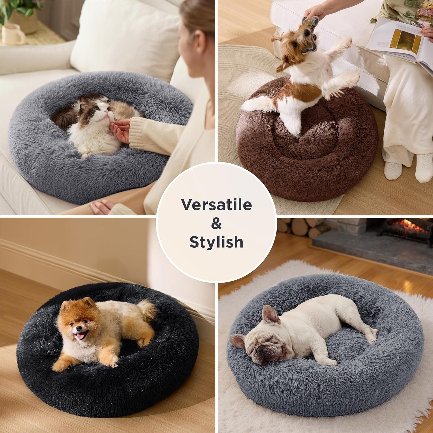 Calming Donut Cat Bed - Fluffy Plush Round Pet Bed, Suitable for Kittens and Puppies, Washable, V1102-HYSC001