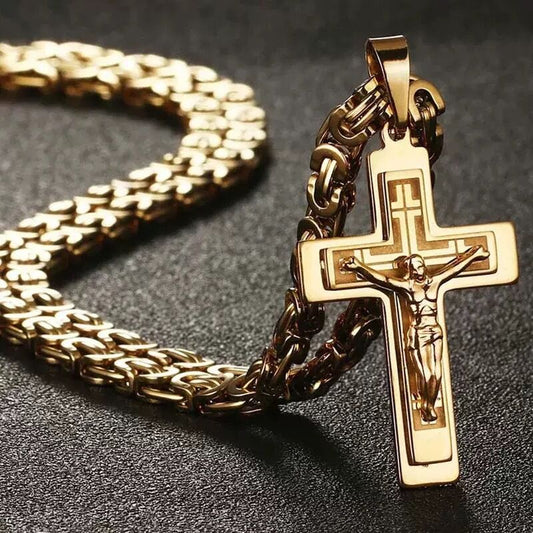 Trident cross men's pendant necklace - gold U-shaped flat chain design, religious style fashion accessory, V1102-HYXL001