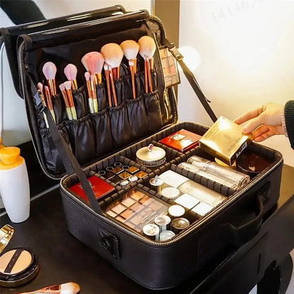 **Large Waterproof Makeup Organizer: Adjustable Dividers, Detachable Brush Holder, Multi-Compartment Design, V1102-HZSNB001