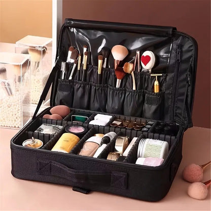 **Large Waterproof Makeup Organizer: Adjustable Dividers, Detachable Brush Holder, Multi-Compartment Design, V1102-HZSNB001