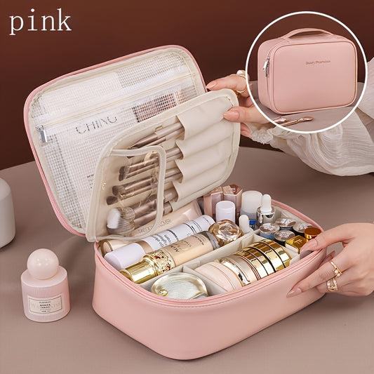 High-capacity multi-layer travel makeup organizer, featuring removable compartments and a brush holder-a V1102-HZSNB003
