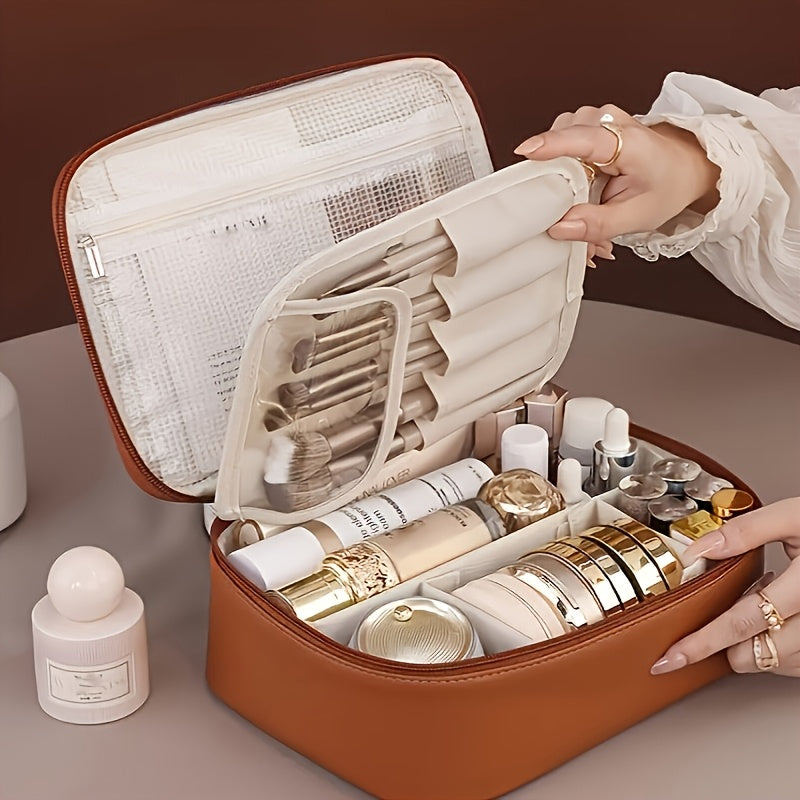 High-capacity multi-layer travel makeup organizer, featuring removable compartments and a brush holder-a V1102-HZSNB003