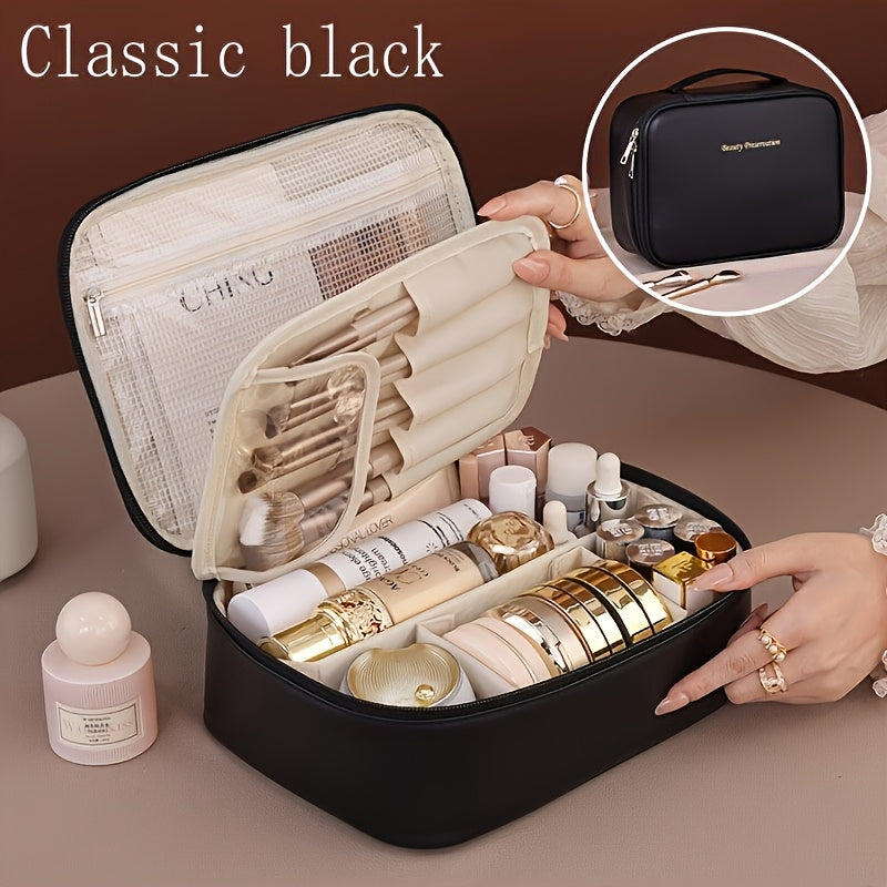 High-capacity multi-layer travel makeup organizer, featuring removable compartments and a brush holder-a V1102-HZSNB003