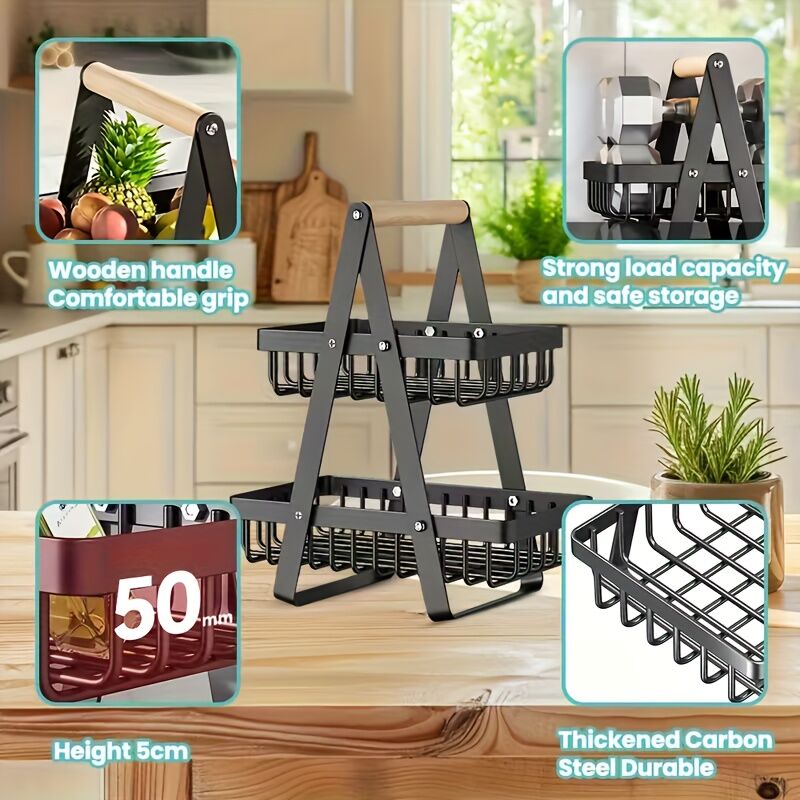 Heavy-Duty Metal Fruit Storage Basket (2-Layer Removable Divider) - Space-Saving Organizer for Kitchen, V1102-JSSGL001