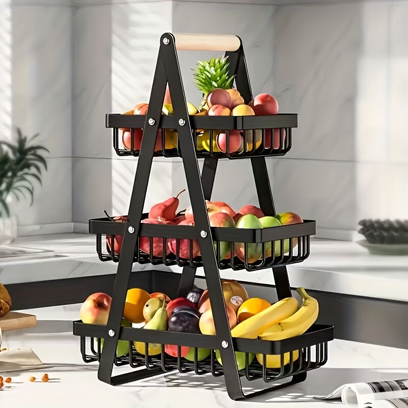 Heavy-Duty Metal Fruit Storage Basket (2-Layer Removable Divider) - Space-Saving Organizer for Kitchen, V1102-JSSGL001