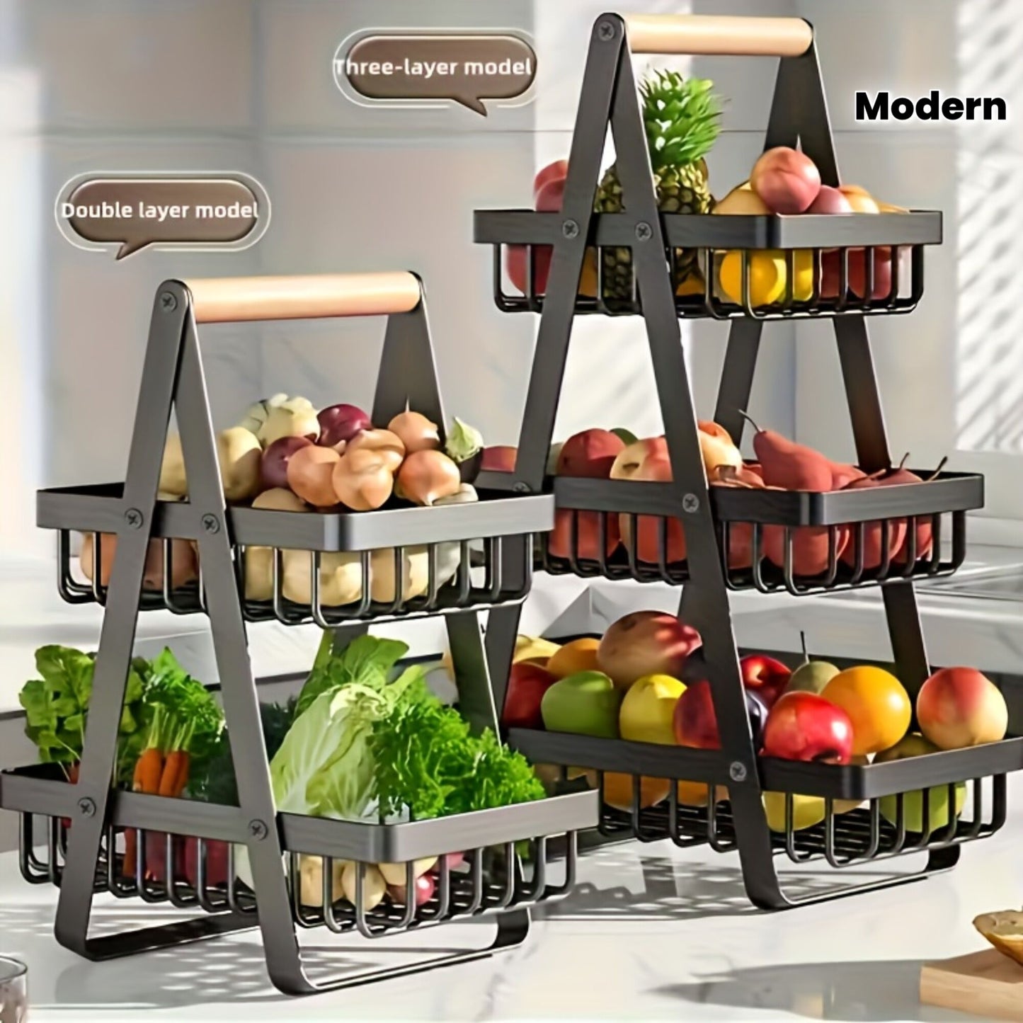 Heavy-Duty Metal Fruit Storage Basket (3-Layer Removable Divider) - Space-Saving Organizer for Kitchen, V1102-JSSGL002
