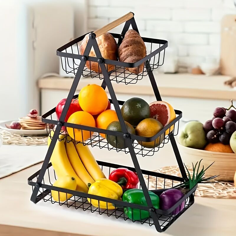Heavy-Duty Metal Fruit Storage Basket (3-Layer Removable Divider) - Space-Saving Organizer for Kitchen, V1102-JSSGL002
