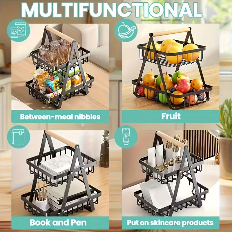Heavy-Duty Metal Fruit Storage Basket (3-Layer Removable Divider) - Space-Saving Organizer for Kitchen, V1102-JSSGL002