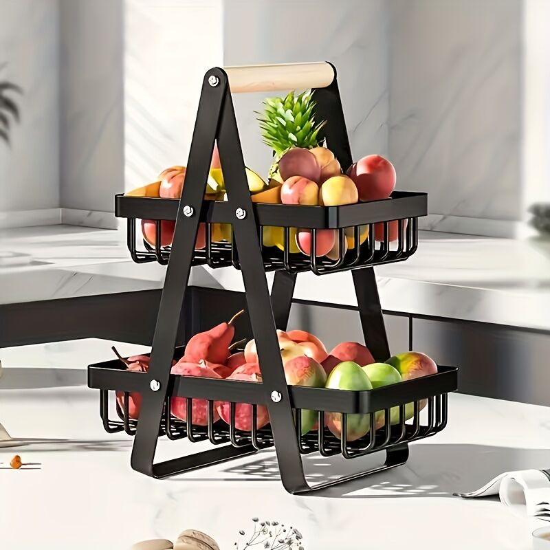 Heavy-Duty Metal Fruit Storage Basket (3-Layer Removable Divider) - Space-Saving Organizer for Kitchen, V1102-JSSGL002