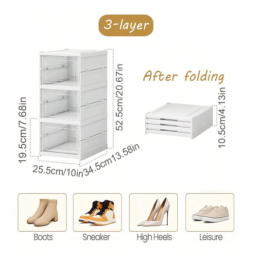 3-Tier Stackable Shoe Storage Box Set, featuring easy-access front-opening waterproof transparent plastic V1102-KDDXZSNH001