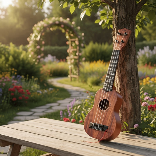 Mahogany color 17-inch Playable Ukulele Mini Guitar, lightweight and portable. Features comfortable nylon V1102-KTZXJT001