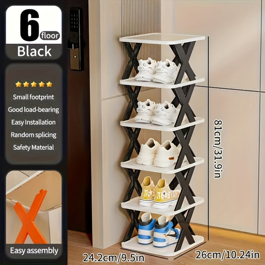 6-Tier Foldable White/BLACK Shoe Rack, space-saving vertical design for entry halls, living rooms, bedrooms, V1102-KZDXJ001