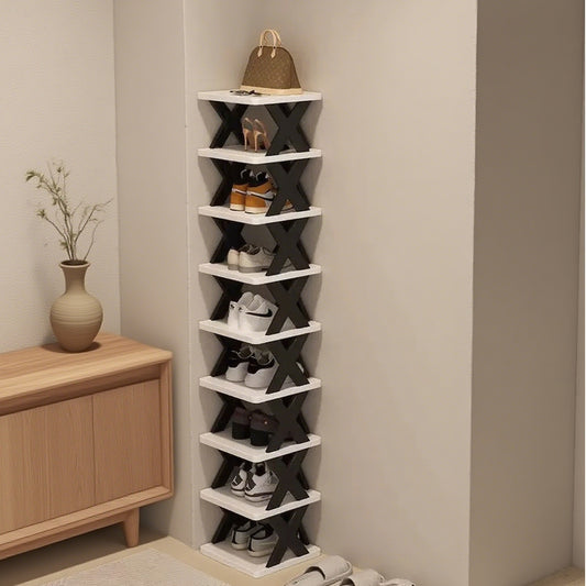 9-Tier Foldable White/Black Shoe Rack, space-saving vertical design for entry halls, living rooms, bedrooms, V1102-KZDXJ002