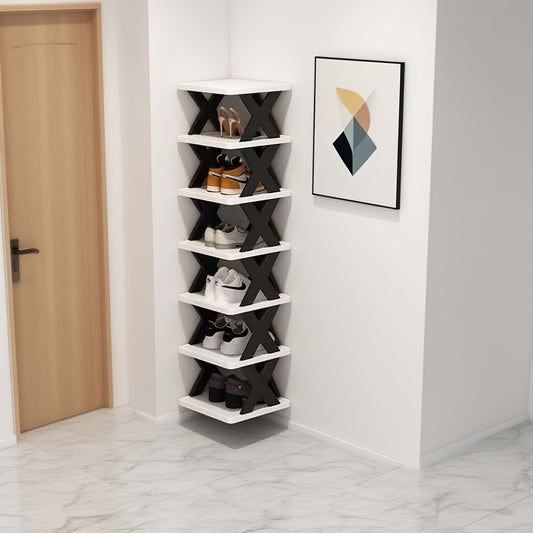 9-Tier Foldable White/Black Shoe Rack, space-saving vertical design for entry halls, living rooms, bedrooms, V1102-KZDXJ002
