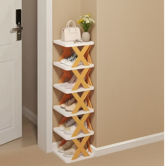 6-Tier Foldable White/Orange Shoe Rack, space-saving vertical design for entry halls, living rooms, bedrooms, V1102-KZDXJ003
