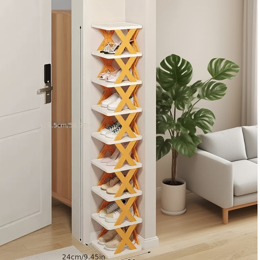 9-Tier Foldable White/Orange Shoe Rack, space-saving vertical design for entry halls, living rooms, bedrooms, V1102-KZDXJ004