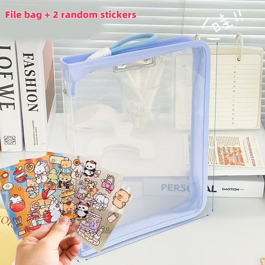 Macaron Candy Student File Bag + PET Animal Stickers - Hand-Carry Large Capacity Waterproof A4 Zipper V1102-MKLWJD002