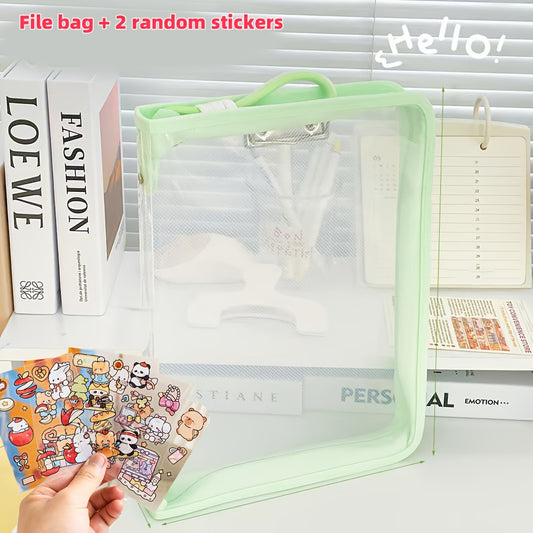 Macaron Candy Student File Bag + PET Animal Stickers - Hand-Carry Large Capacity Waterproof A4 Zipper V1102-MKOWJD003