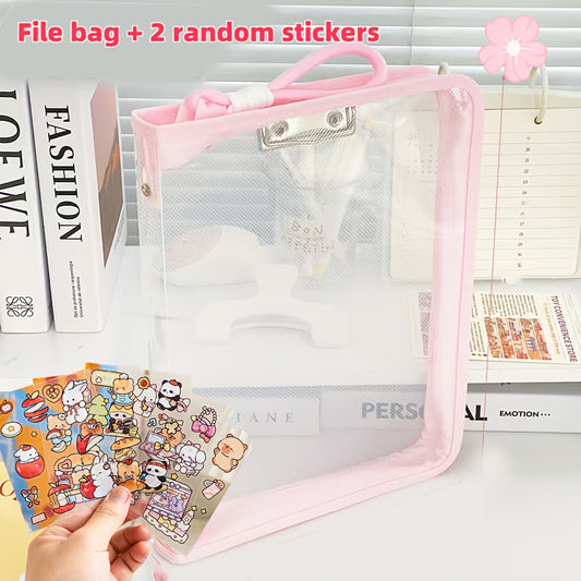 Macaron Candy Student File Bag + PET Animal Stickers - Hand-Carry Large Capacity Waterproof A4 Zipper V1102-MKOWJD003