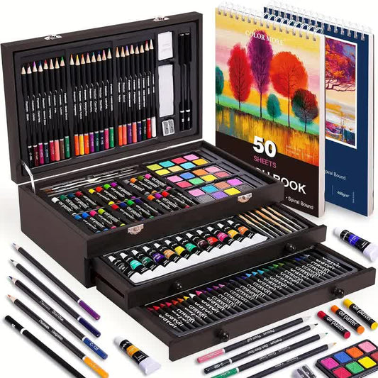 Black 175-Piece Deluxe Art Set with 2 Drawing Boards, Wax Crayons, Acrylic Paints, Colored Pencils, Wooden V1102-MSHB175003
