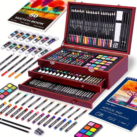 Black 175-Piece Deluxe Art Set with 2 Drawing Boards, Wax Crayons, Acrylic Paints, Colored Pencils, Wooden V1102-MSHB175003