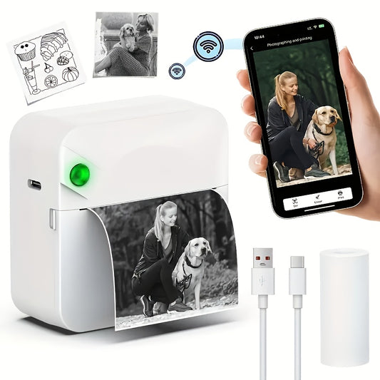 (White)Inkless Sticker Printer Mini Thermal Printer with Roll Thermal Paper, Wireless Pocket Printer, Smart V1102-RMDYJ002