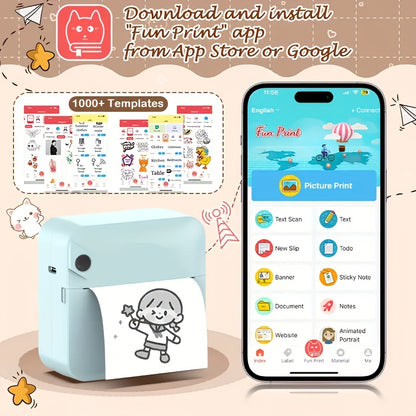 (White)Inkless Sticker Printer Mini Thermal Printer with Roll Thermal Paper, Wireless Pocket Printer, Smart V1102-RMDYJ002