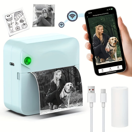 (Blue)Inkless Sticker Printer Mini Thermal Printer with Roll Thermal Paper, Wireless Pocket Printer, Smart V1102-RMDYJ004