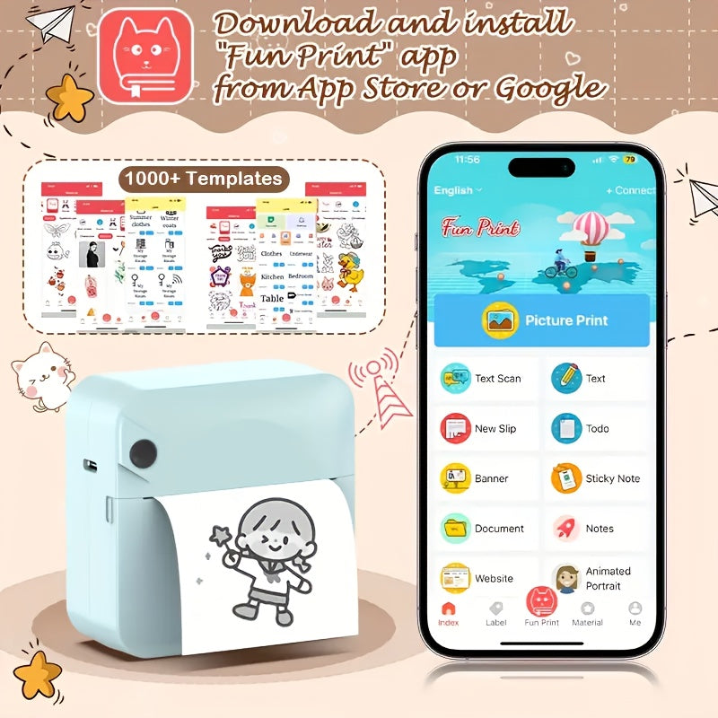 (Blue)Inkless Sticker Printer Mini Thermal Printer with Roll Thermal Paper, Wireless Pocket Printer, Smart V1102-RMDYJ004