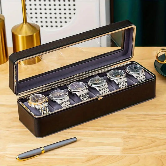 Luxury transparent-lid watch box with 6 fabric-lined compartments, portable and shockproof design, suitable V1102-SBSNH002