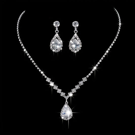 Elegant Teardrop Jewelry Set - Sparkling Necklace and Earrings, adorned with crystal accents, made of alloy, V1102-SDXLTZ001