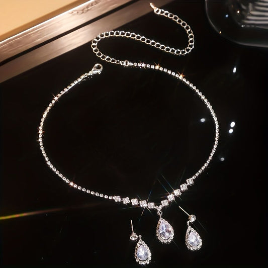 Elegant Teardrop Jewelry Set - Sparkling Necklace and Earrings, adorned with crystal accents, made of alloy, V1102-SDXLTZ001