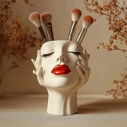 Gazing Muse - "Hands-on Beauty" Resin Brush Holder with Sculpted Bust Design.1 Piece Elegant Resin Makeup V1102-SZHZSNH001
