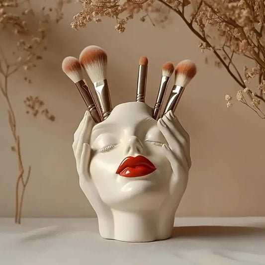 Gazing Muse - "Hands-on Beauty" Resin Brush Holder with Sculpted Bust Design.1 Piece Elegant Resin Makeup V1102-SZHZSNH001