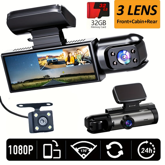 Super Memory Triple Cam Dash Cam! 32GB storage + 1080P HD triple lens, 170 degrees panoramic coverage of V1102-XCJLY1080P001