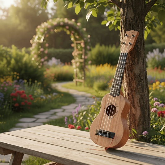Wood color 17-inch Playable Ukulele Mini Guitar, lightweight and portable. Features comfortable nylon V1102-XJT001