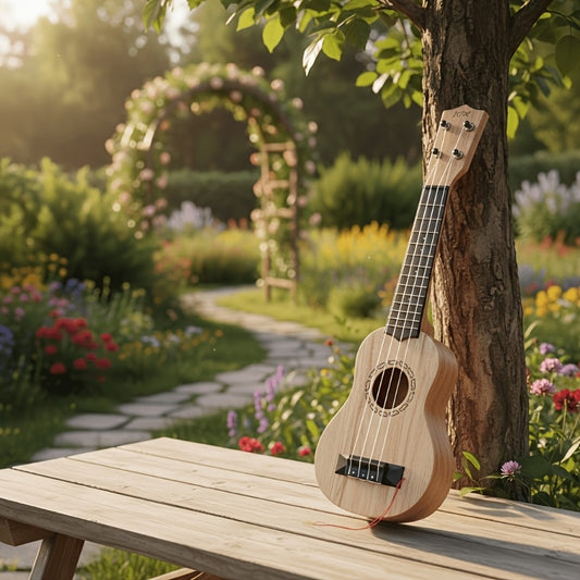 Acacia wood 17-inch Playable Ukulele Mini Guitar, lightweight and portable. Features comfortable nylon V1102-XJT002