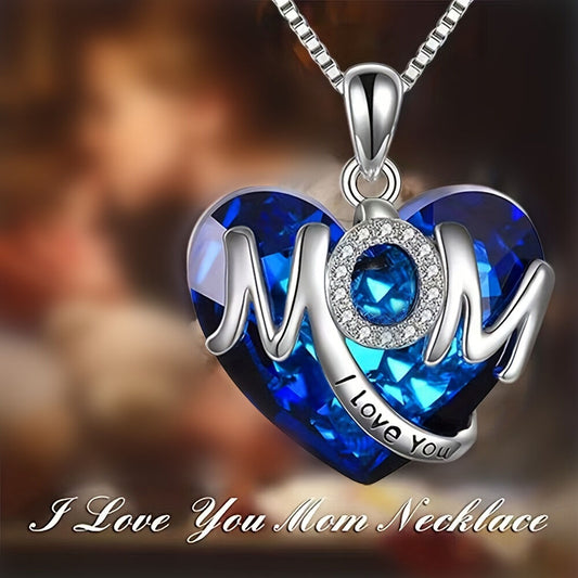 BLUE Exquisite Heart-shaped Blue Crystal "MOM" Pendant Necklace - Fashionable Women's Mother Necklace, Warm V1102-XXMOM001