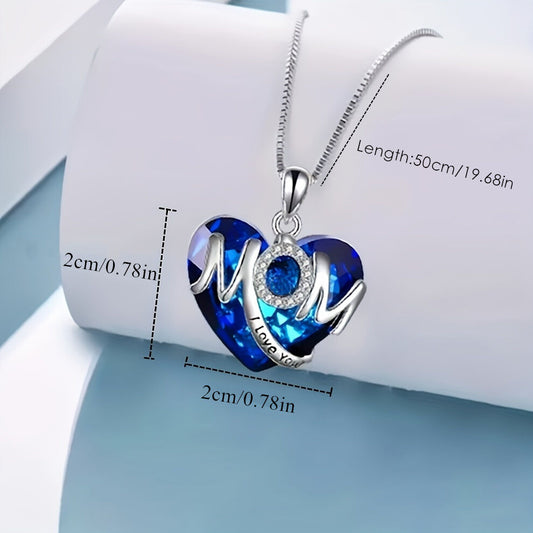BLUE Exquisite Heart-shaped Blue Crystal "MOM" Pendant Necklace - Fashionable Women's Mother Necklace, Warm V1102-XXMOM001