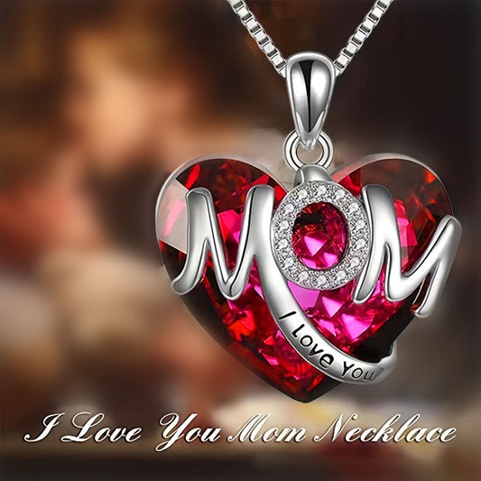RED Exquisite Heart-shaped Blue Crystal "MOM" Pendant Necklace - Fashionable Women's Mother Necklace, Warm V1102-XXMOM002
