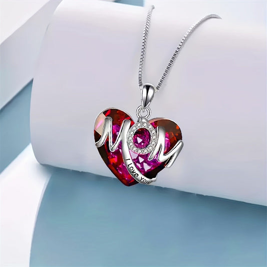 RED Exquisite Heart-shaped Blue Crystal "MOM" Pendant Necklace - Fashionable Women's Mother Necklace, Warm V1102-XXMOM002