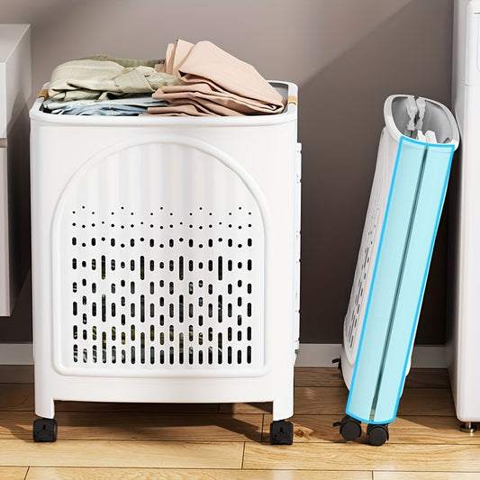 A wheeled foldable plastic laundry basket, suitable for dirty clothes and easy to move. It features a V1102-XYL001