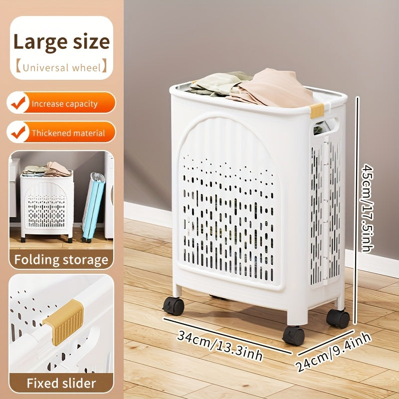 A wheeled foldable plastic laundry basket, suitable for dirty clothes and easy to move. It features a V1102-XYL001