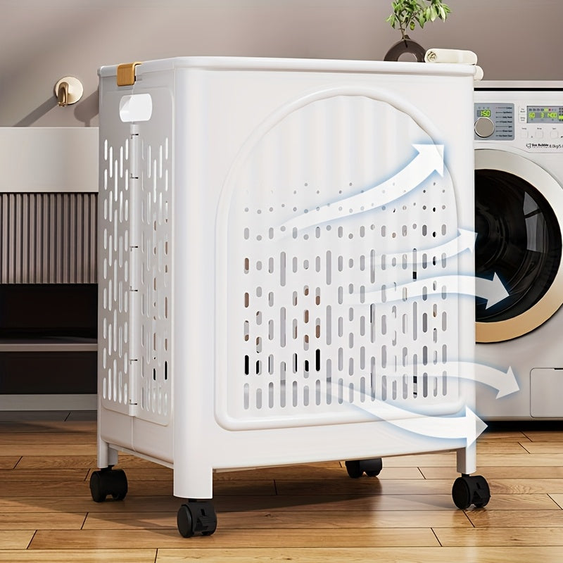 A wheeled foldable plastic laundry basket, suitable for dirty clothes and easy to move. It features a V1102-XYL001