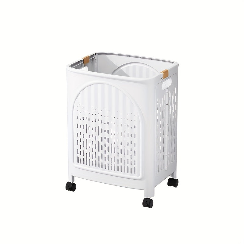 A wheeled foldable plastic laundry basket, suitable for dirty clothes and easy to move. It features a V1102-XYL001