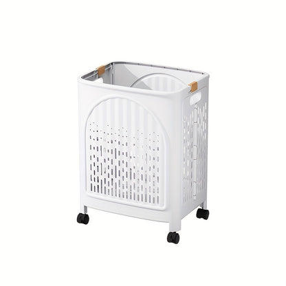 A wheeled foldable plastic laundry basket, suitable for dirty clothes and easy to move. It features a V1102-XYL001